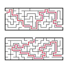 Black rectangular labyrinth with an input and an exit. An interesting and useful game for children. Simple flat vector illustration isolated on white background. With the answer.