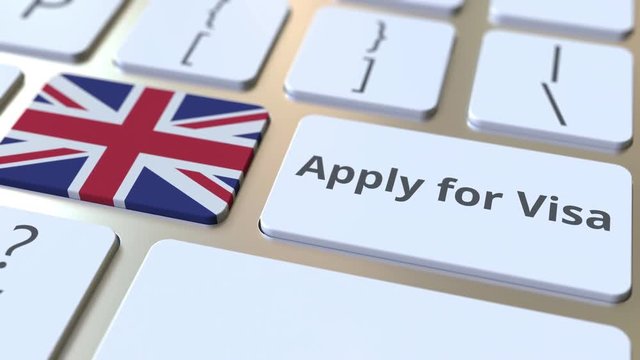 APPLY FOR VISA text and flag of Great Britain on the buttons on the computer keyboard. Conceptual 3D animation