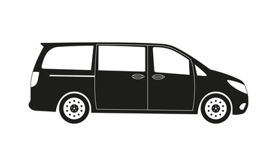 Minivan car icon. Side view. Family minibus vehicle silhouette. Black van car. Vector illustration. - obrazy, fototapety, plakaty