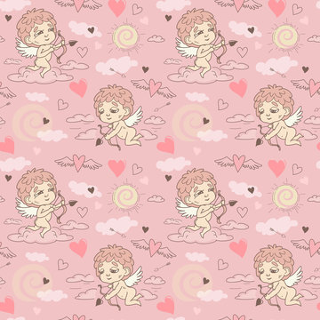 Seamless pattern with angels and cupids Valentine's Day