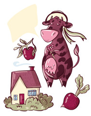 village set, cow, beet, Apple,