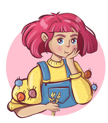 a girl with pink hair and a yellow sweater holds spikelets in her hands and supports her head with her hand.