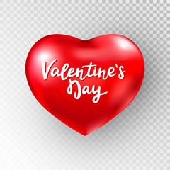 Red glossy heart on transparent background. Valentines day card with red heart, glitter confetti and hand lettering. Wedding greeting card. Women's day and Mother's day design. Vector illustration