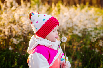 Happy child blowing dandelion outdoors in park