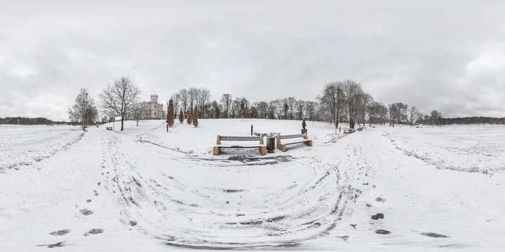 Winter full seamless spherical panorama 360 degrees angle view on park benches in front of the lake on road with gray pale sky in equirectangular projection. VR AR content