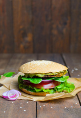 Vegan Burger, Burger with Chickpea Patty, Avocado Spread and Vegetables, Vegetarian Meal