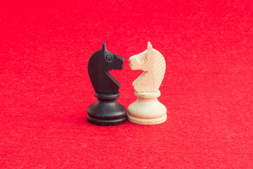 White horse and black horse, traditionally confronted in chess game, have reconciled. Image in...