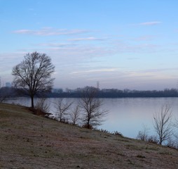 A view of the lake and the frosty grass on a cold day.