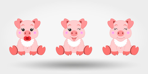 Cute baby pigs in bib. Icon. Vector illustration. Flat design