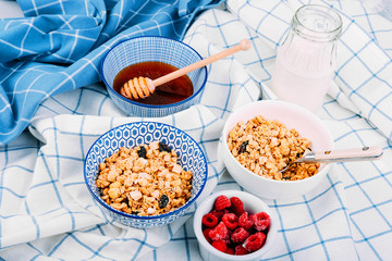 Healthy breakfast concept. Granola with honey, raspberries and sour cream