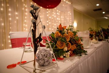 Wedding reception decoration and bridal bouquet