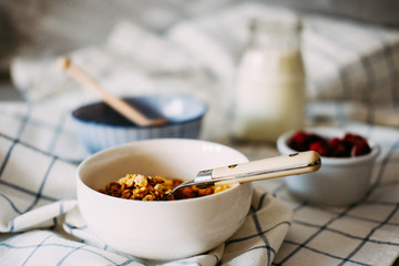 Breakfast preparation. Cereal in a bowl with milk and berries.
