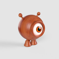 A little, spherical, one yed alien made with wood. 3d render