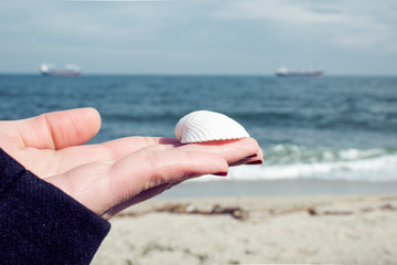 Fototapeta na wymiar A girl holds seashell in the direction of the sea.