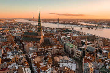 Beautiful aerial winter view over Riga old town with Dome cathedral and river Daugava during...