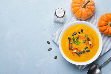Pumpkin Soup with Pumpkin Seeds and Paprika, Delicious Vegan Meal, Vegetarian Food