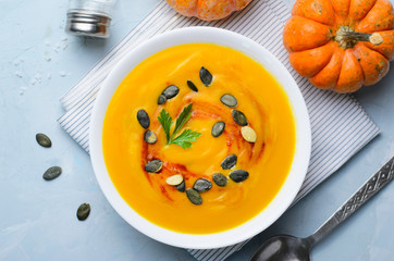 Pumpkin Soup with Pumpkin Seeds and Paprika, Delicious Vegan Meal, Vegetarian Food
