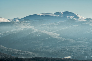 Tarnica peak in winter scenery. Snow winter in the mountains. Bieszczady. Poand