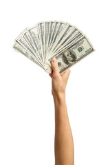 Hands holding a $ 100 bill . Hands holding a lot of money. Hand holding Banknotes. Isolated on white background. Alpha.