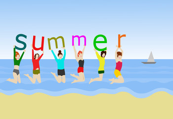Six women jump on the sand. In hand, holding the alphabet ''summer'' With sea as background
