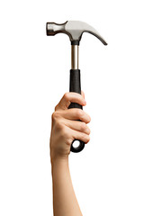 The hand holding the hammer isolated on a white background. Alpha.