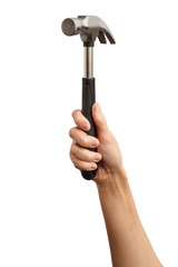 The hand holding the hammer isolated on a white background. Alpha.