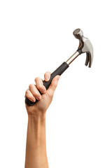 The hand holding the hammer isolated on a white background. Alpha.