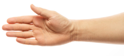 Man hand sign - empty open palm gesture, isolated on white background. Hand with five fingers.
