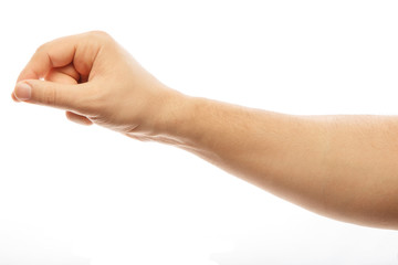 Man hand's measuring invisible item. A person's hand holds an invisible object. Isolated on white. Alpha.