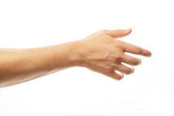 Man stretching hand to handshake isolated on a white background. Man hand ready for handshaking. Alpha