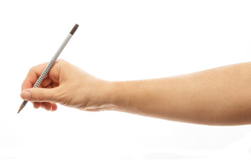 One man's hand with the pencil isolated on white background. Alpha