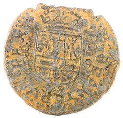 Ancient Spanish copper coin of King Felipe IV. 1663. Coined in Trujillo. 16 Maravedis. Reverse.