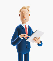 Obraz na płótnie Canvas 3d illustration. Businessman is holding a notebook and smiling