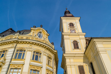 Fototapeta na wymiar The Baroque style architectural elements of the City Hall of Sibiu, Romania