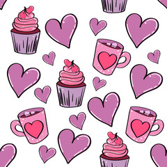  seamless pattern with hearts and cupcakes