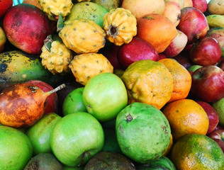 Set of exotic and colorful tropical fruits: including green and red apple, orange, sweet granadilla, mango and custard apple. Fruit shop. Organic real fruits.