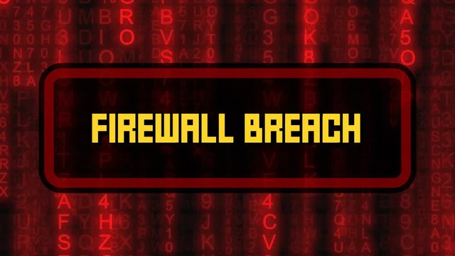 The text Firewall Breach, appearing on a board over random symbols falling down (code rain, a popular sci-fi movie effect), changing their color from green to red.