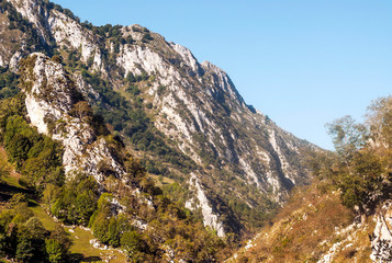 Mountains in the peaks of Europe in the north of Spain in the province of Asturias on a sunny day.