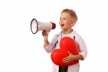A  little, smiling boy doctor in  medical uniform, isolated on white, with stethoscope on the neck,...
