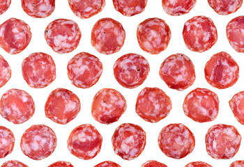 Salami sausage slices background. Close up. Slices of smoked sausage. Food background.