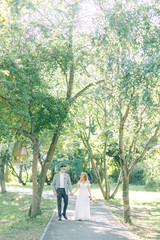  The wedding couple is walking along the Park. Photo shoot in the European style in nature.