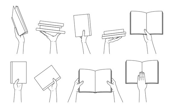 and collection. Hand holding book.  Different hand gestures