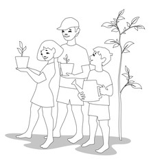 Vector illustration of happy children holding green growing plant.
