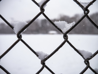 Closeup Chain Link Fence Covered in Snow