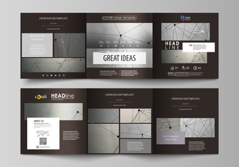 Set of business templates for tri fold square design brochures. Leaflet cover, abstract vector layout. Chemistry pattern, molecule structure on gray background. Science and technology concept.