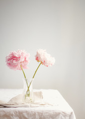 Two pink peonies in a vase on a linen tablecloth