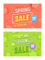 Spring Sale Coral Green Horizontal Banner Template Set. Advertising Discount Special Price Typography Abstract Background Poster. Fashion Season Deal Offer Flyer Flat Vector Illustration
