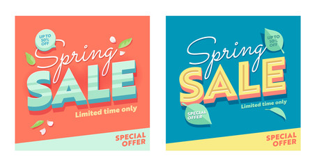 Spring Sale Abstract Square Banner Set. Discount Season Offer Super Price Poster. Business Hot Deal Bright Natural Coupon Design with Petal and Leaf for Holiday Flat Vector Illustration - obrazy, fototapety, plakaty
