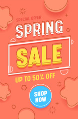 Spring Sale Red Vertical Abstract Banner Template. Promotion Discount Advertising Hot Price Typography Poster. Season Final Deal Offer Message with Shop Now Button Design Flat Vector Illustration