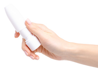 Nose spray in hand health medicine on white background isolation